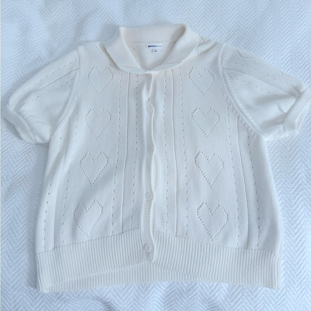 Minnie Rose white cut out hearts sweater with buttons
